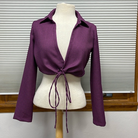 M // Zara Purple Black Houndstooth Long Sleeve Tie Hem Collared Wrap Crop Top - Picture 3 of 11